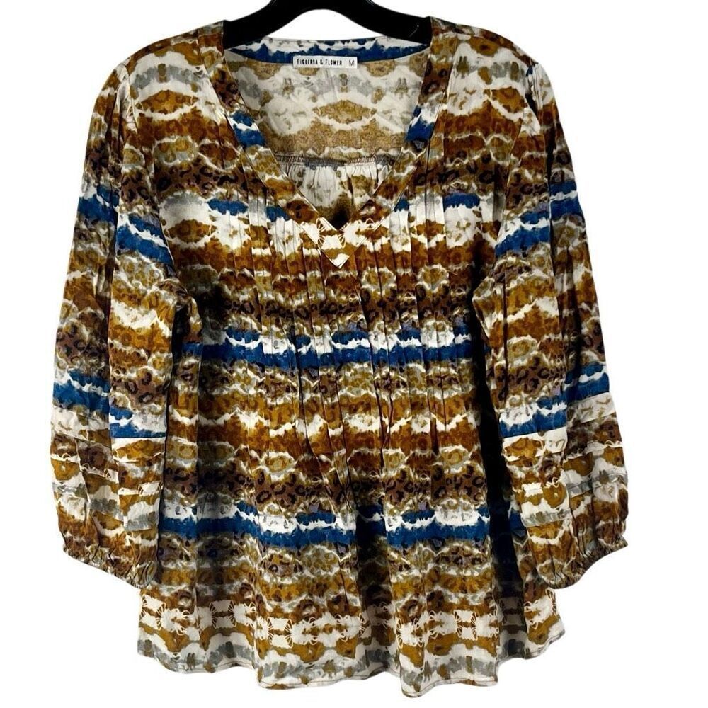 Figueroa & Flower Tie Dye Leopard Blue Gold Boho Blouse Medium